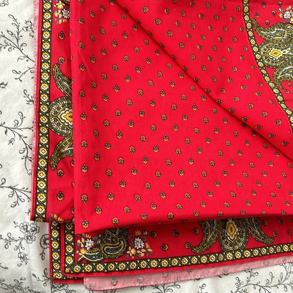 Cotton table cloth in red, green and yellow print floral design rectangular